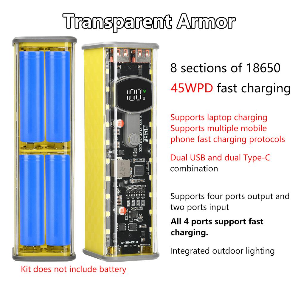 PD45W Super Fast Charging Battery Box Transparent Rechargeable Case Weldless 8-section 18650 Battery Case With Outdoor Light жовтий
PD45W Super Fast Charging Battery Box Transparent Rechargeable Case Weldless 8-section 18650 Battery Case With Outdoor Light жовтий