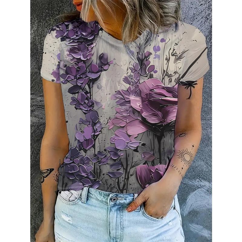 Women s short sleeved T-shirt, with a white purple background painted with three-dimensional purple flowers S
Women s short sleeved T-shirt, with a white purple background painted with three-dimensional purple flowers S