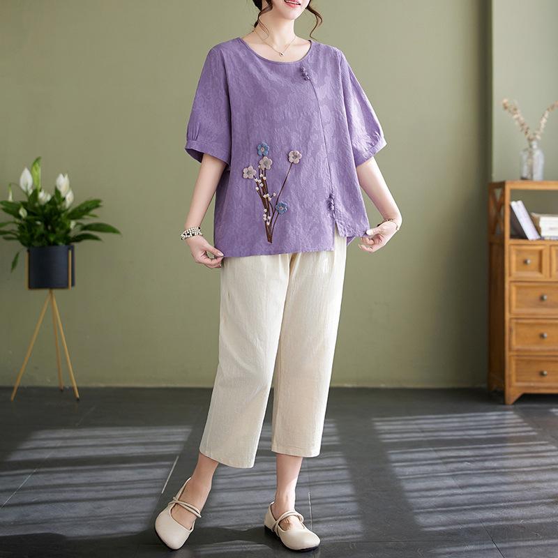 Свободная блузка со средними рукавами из хлопка и льна Mother Summer с вышивкой, футболка с короткими рукавами + широкие брюки, комплект из двух предметов для женщин S фиолетовый
Свободная блузка со средними рукавами из хлопка и льна Mother Summer с вышивкой, футболка с короткими рукавами + широкие брюки, комплект из двух предметов для женщин S фиолетовый
