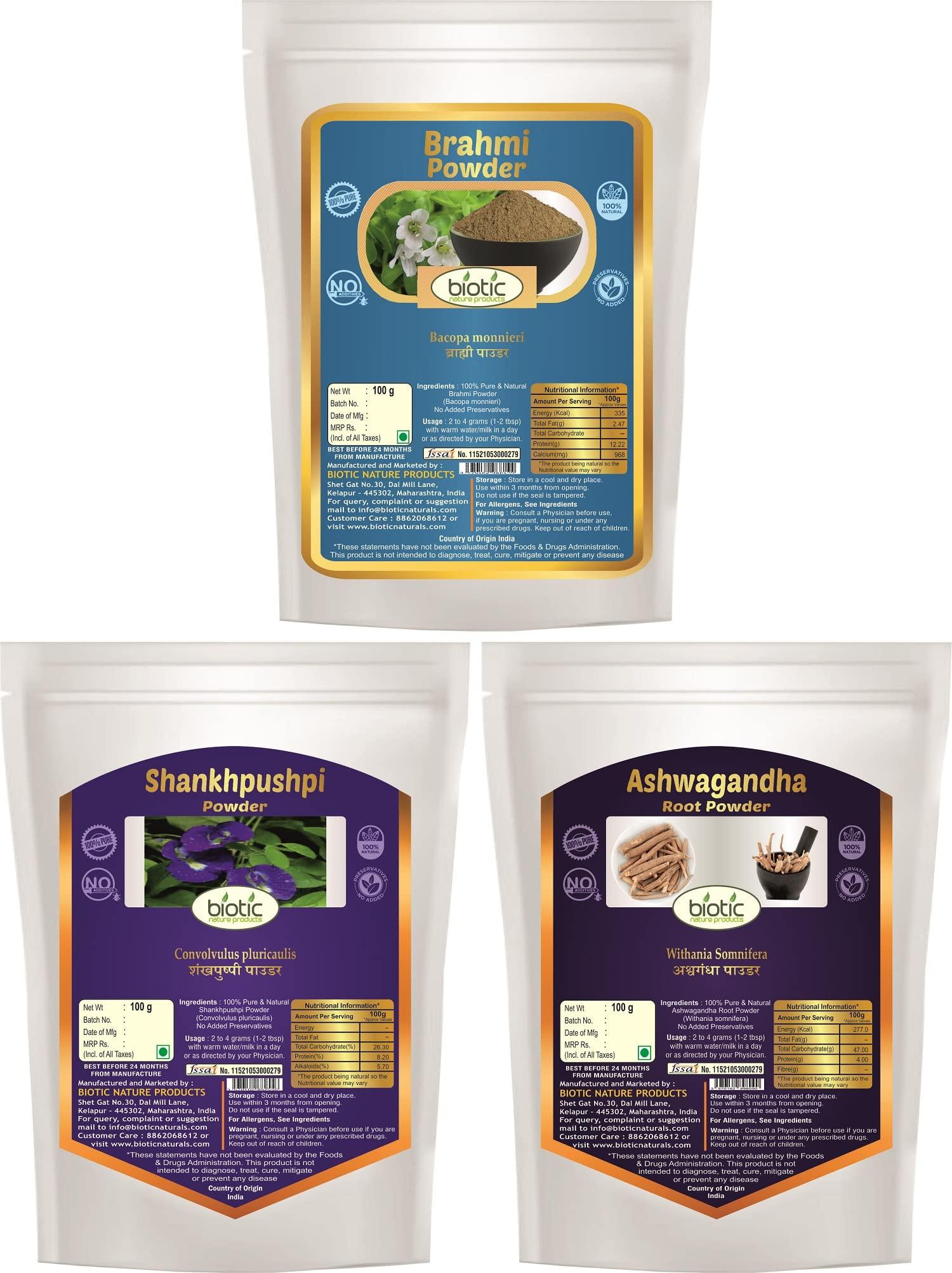 Biotic Natural Shankhpushpi, Brahmi and Ashwagandha Powder - 300g (100g each)
Biotic Natural Shankhpushpi, Brahmi and Ashwagandha Powder - 300g (100g each)