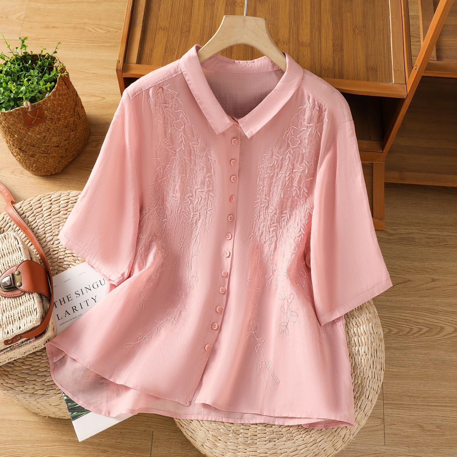 Рубашка из хлопка и льна в стиле ретро, тяжелая промышленность, трехмерная, той же цветовой гаммы, вышитая, женская, летняя, новая, темпераментная, с вышитым лацканом M розовый