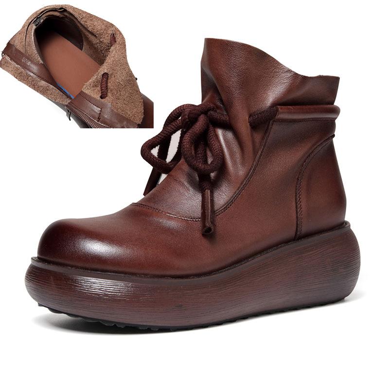 Johnature Натуральная кожа Толстая подошва Женские танкетки Короткие ботинки Винтажная женская обувь на платформе 39 коричневый