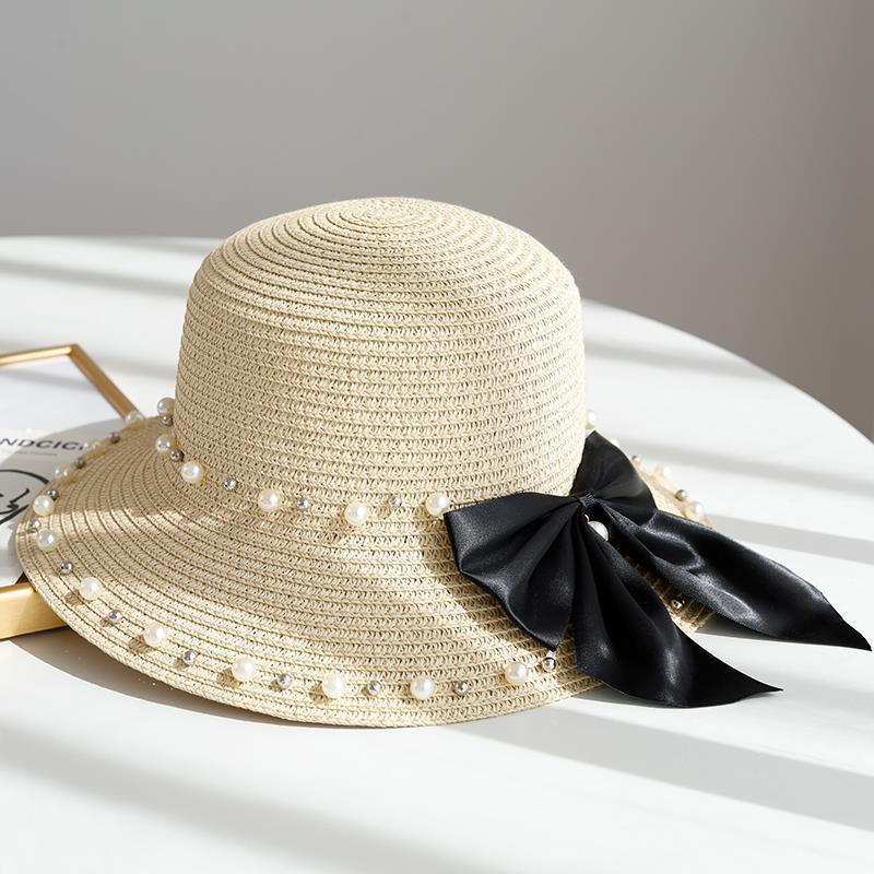 Шляпа женская летняя пляжная дорожная соломенная шляпа с жемчужным бантом модная солнцезащитная шляпа универсальная солнцезащитная шляпа M(56-58cm)