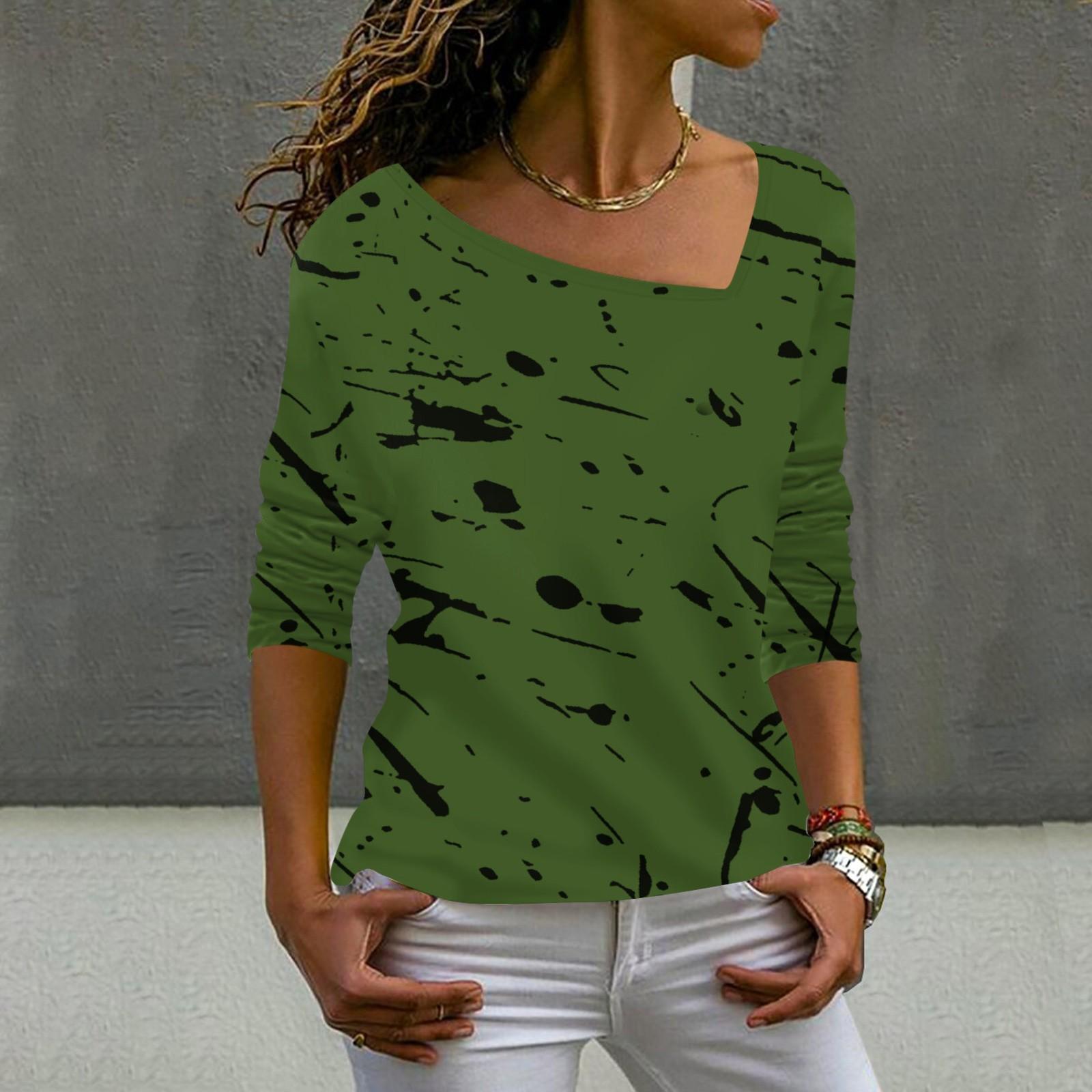 Женская модная повседневная футболка с длинным рукавом с наклонным вырезом и нерегулярным принтом, топ S зелёный