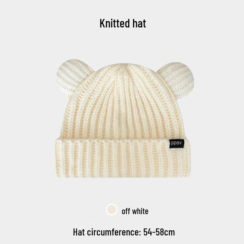 Теплая вязаная плюшевая шапка с медвежьими ушками в корейском стиле для женщин (Осень зима) - Универсальный, Большой обхват головы One Size