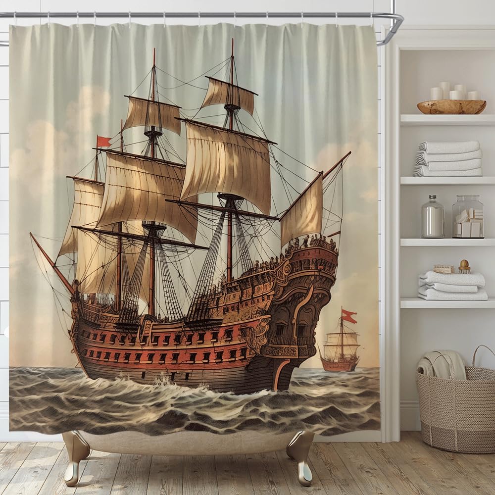 Pirate Ship Shower Curtain Vintage Nautical Sailboat Sailing Sea Adventure Seascape Coastal Bathroom Decor With Hooks W60H190(CM)-1 Pcs
Pirate Ship Shower Curtain Vintage Nautical Sailboat Sailing Sea Adventure Seascape Coastal Bathroom Decor With Hooks W60H190(CM)-1 Pcs