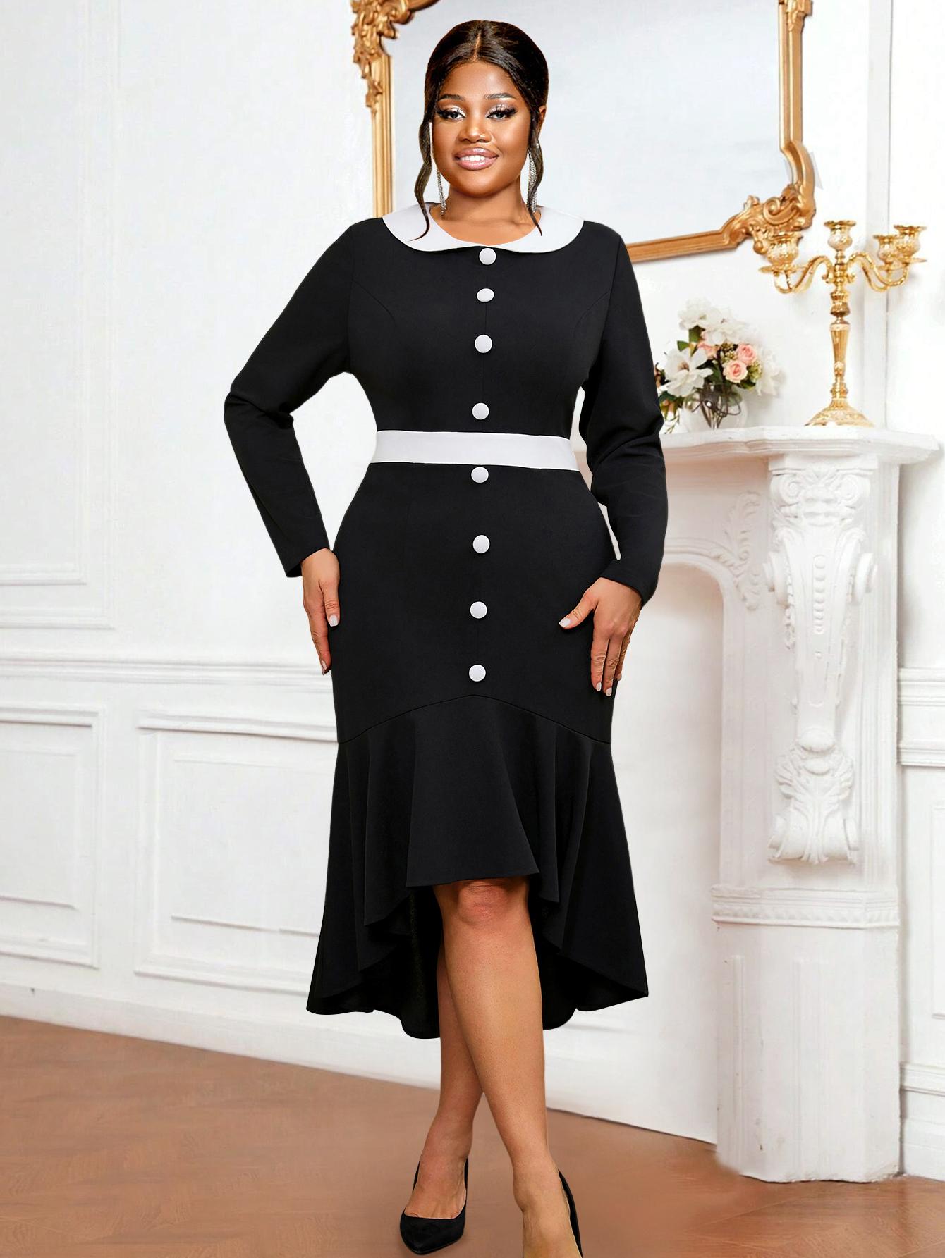 Элегантное черное миди-платье для женщин, с длинным рукавом, на пуговицах, с контрастной отделкой, высоким низким подолом, наряд для церкви, гостя на свадьбе, формальный, винтажный стиль 1XL чёрный
Элегантное черное миди-платье для женщин, с длинным рукавом, на пуговицах, с контрастной отделкой, высоким низким подолом, наряд для церкви, гостя на свадьбе, формальный, винтажный стиль 1XL чёрный