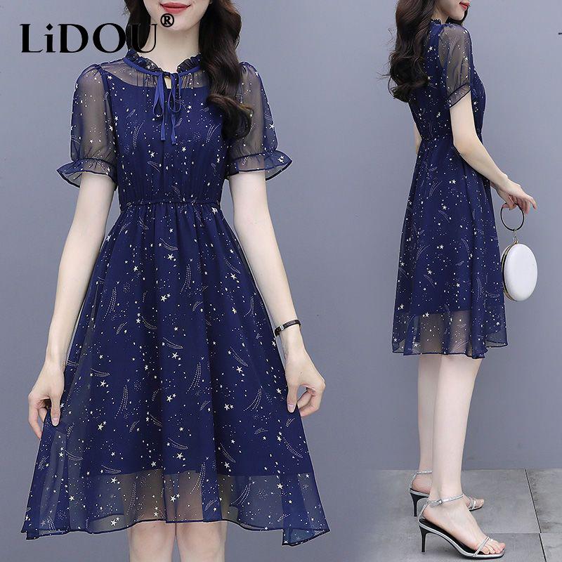 Summer New Elegant Fashion Printing Waist Robe Femme Short Sleeve Ruffles Lace Up Midi Vestidos Women Temperament Chiffon Dress S
Summer New Elegant Fashion Printing Waist Robe Femme Short Sleeve Ruffles Lace Up Midi Vestidos Women Temperament Chiffon Dress S