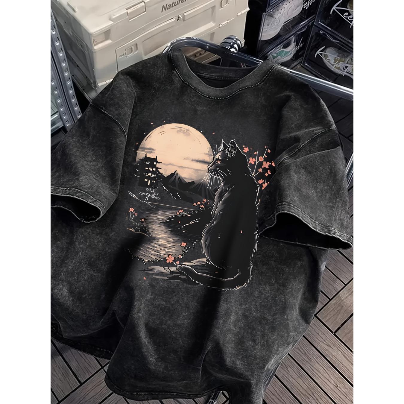 Womens Washed T Shirt Cotton Japanese Style Casual Cat with Flower Print Loose Fit Round Neck Short Sleeve TShirt Unisex S
Womens Washed T Shirt Cotton Japanese Style Casual Cat with Flower Print Loose Fit Round Neck Short Sleeve TShirt Unisex S
