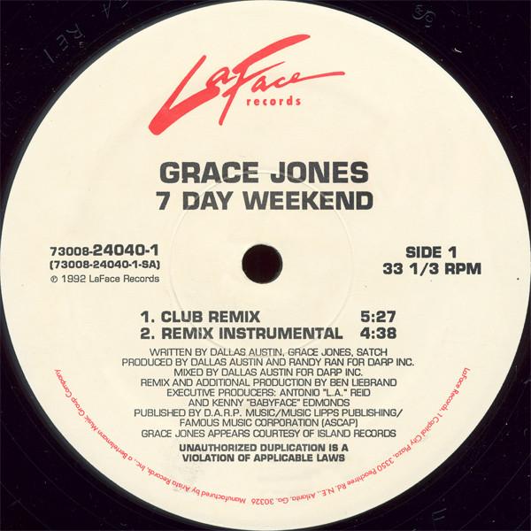12inch Record GRACE JONES - 7 Day Weekend 73008240401 LaFace Records 1992 US Dance & Electronica Used
12inch Record GRACE JONES - 7 Day Weekend 73008240401 LaFace Records 1992 US Dance & Electronica Used