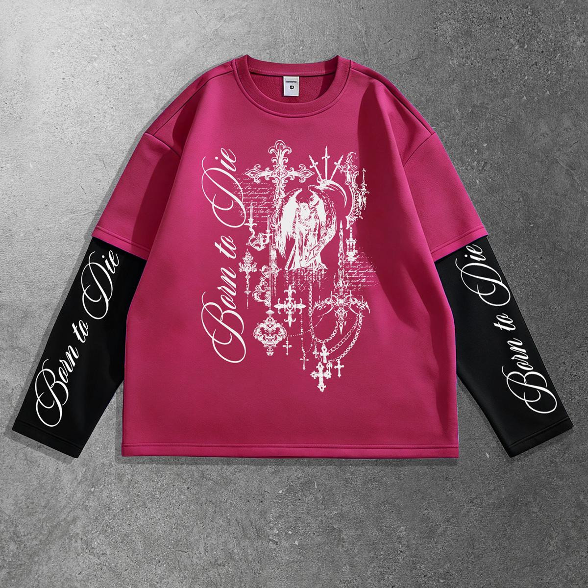 Men s dark aesthetic color-blocked long-sleeve T-shirt with “Born to Die” angel cross print—a grunge-inspired streetwear top XXL рожевий червоний колір
Men s dark aesthetic color-blocked long-sleeve T-shirt with “Born to Die” angel cross print—a grunge-inspired streetwear top XXL рожевий червоний колір