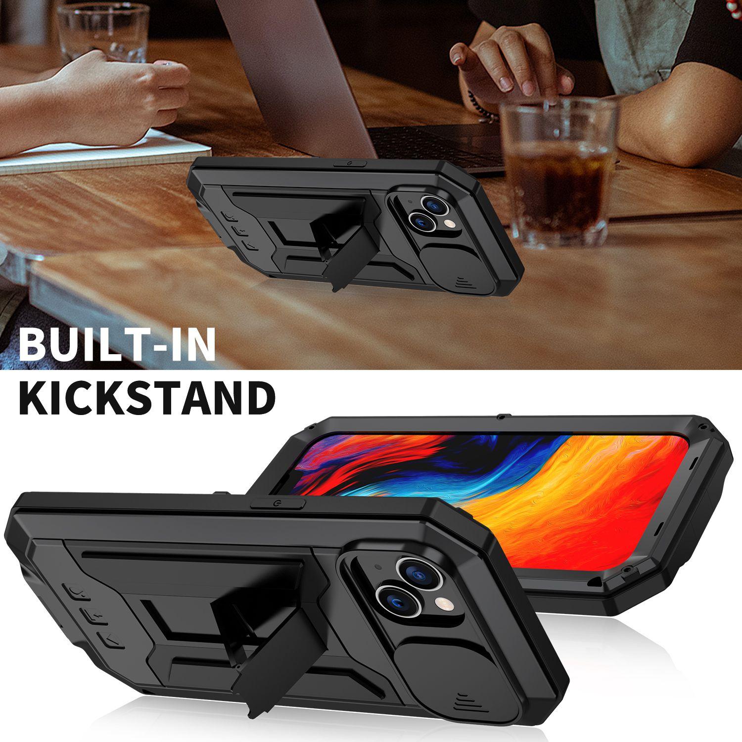 R-JUST For iPhone 14 6.1 inch Slide Camera Cover Silicone+Metal+Tempered Glass Screen Protector Phone Case Drop-proof Cover with Kickstand Black
R-JUST For iPhone 14 6.1 inch Slide Camera Cover Silicone+Metal+Tempered Glass Screen Protector Phone Case Drop-proof Cover with Kickstand Black