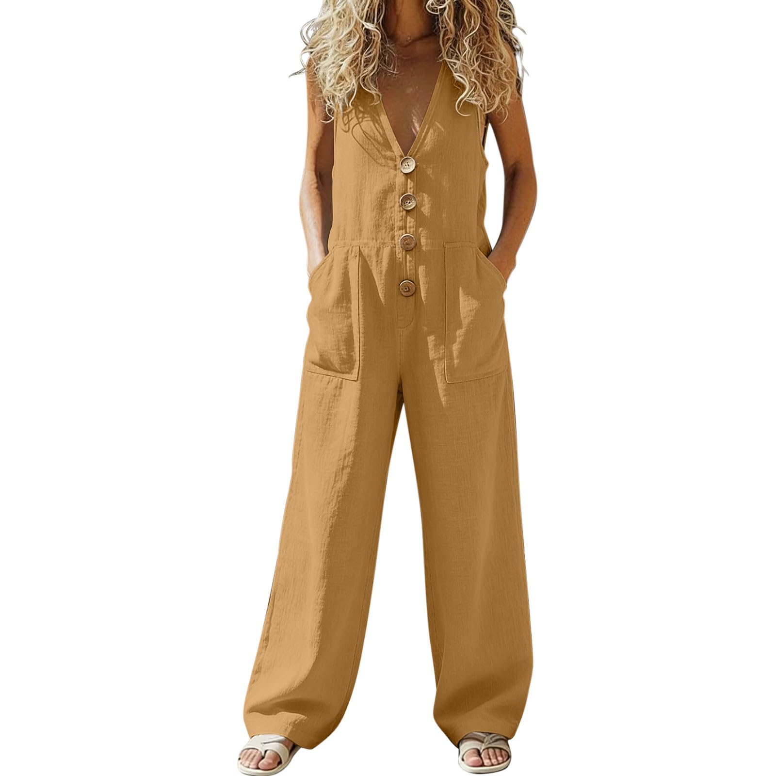 Women Button Down Sleeveless Rompers Wide Legs Cotton Linen Rompers With Pocket XL жовтий
Women Button Down Sleeveless Rompers Wide Legs Cotton Linen Rompers With Pocket XL жовтий