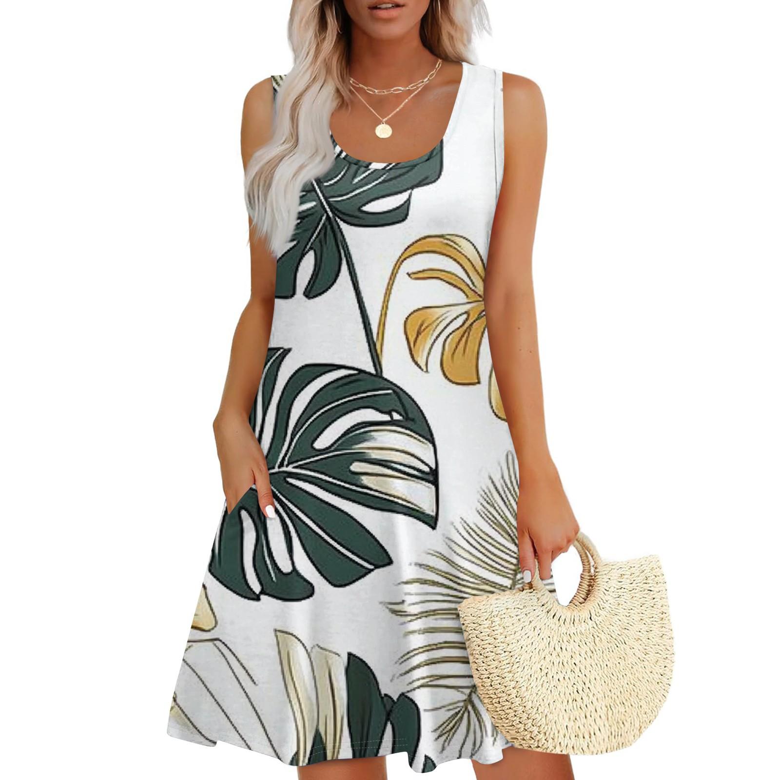 Женское повседневное модное платье с принтом и U-образным вырезом без рукавов XL белый