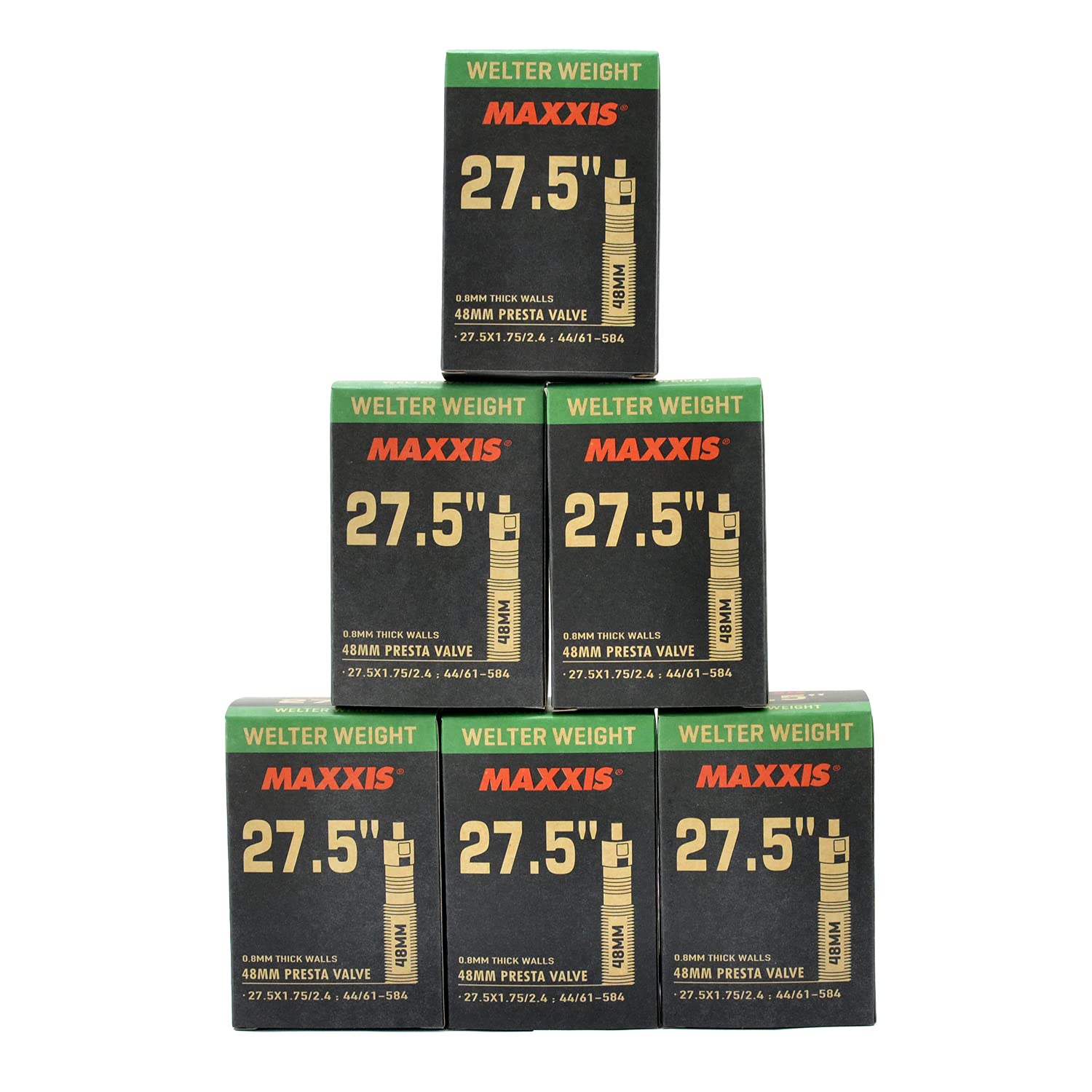 Maxxis Welter Weight 27.5 x 1.75-2.4 48mm Presta FV Bike Inner Tube, 6 Packs, STB2460-6
Maxxis Welter Weight 27.5 x 1.75-2.4 48mm Presta FV Bike Inner Tube, 6 Packs, STB2460-6