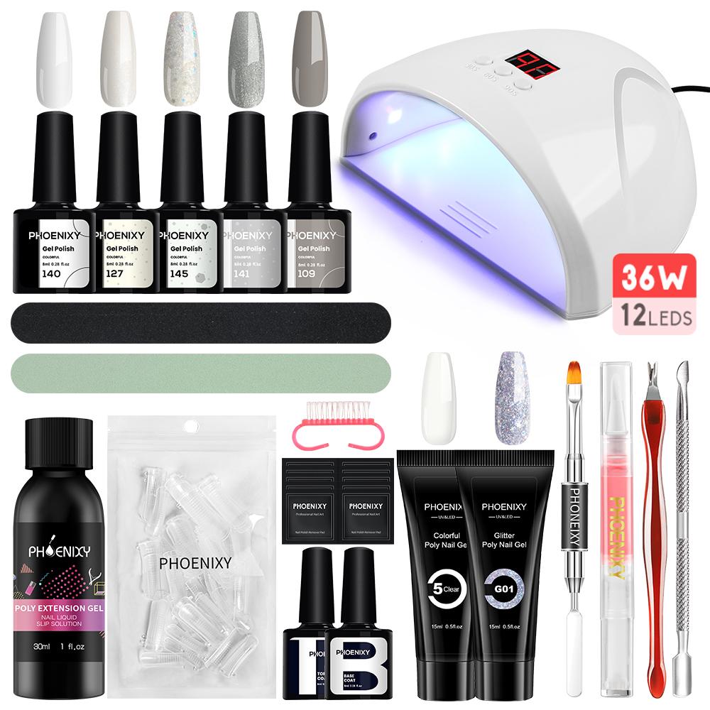 PHOENIXY Soak Off Nail Art Gel Прочное цветное покрытие с поли ногтевым гелем набор инструментов для ногтей с 36W лампой UV LED Nail Lamp Nail Starter Kit
PHOENIXY Soak Off Nail Art Gel Прочное цветное покрытие с поли ногтевым гелем набор инструментов для ногтей с 36W лампой UV LED Nail Lamp Nail Starter Kit