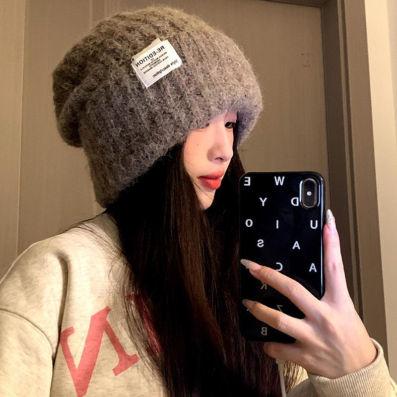 Шапка для женщин зимой большая окружность головы теплая шерстяная шапка маленькое лицо свободная защита ушей защита пальцев ног вязаная шапка one size