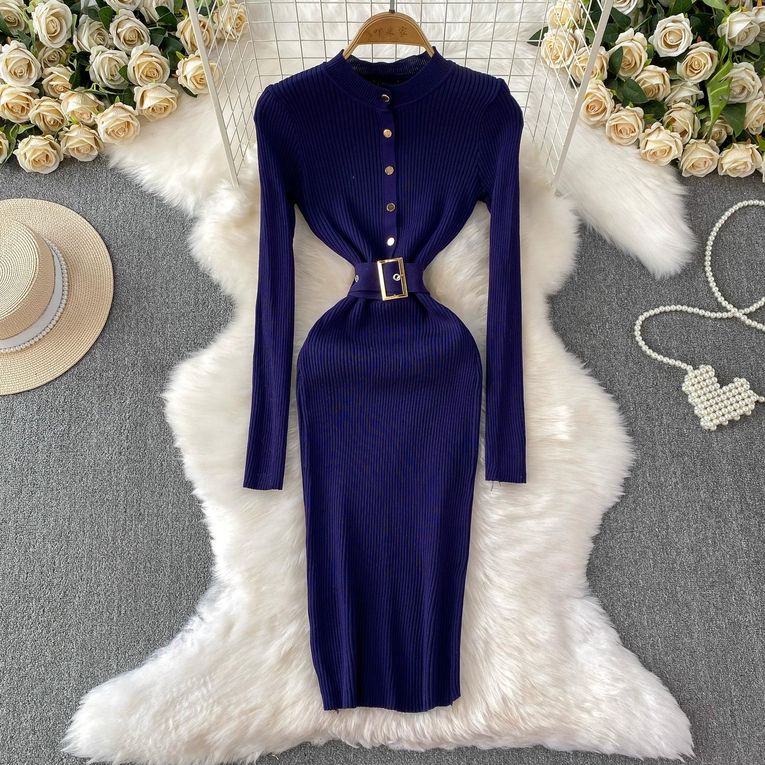 Spring Autumn Women Full Sleeve Knitted Sweater Office Work Slim Bodycon Pencil Dresses with Belt One Size темно-синього кольору
Spring Autumn Women Full Sleeve Knitted Sweater Office Work Slim Bodycon Pencil Dresses with Belt One Size темно-синього кольору