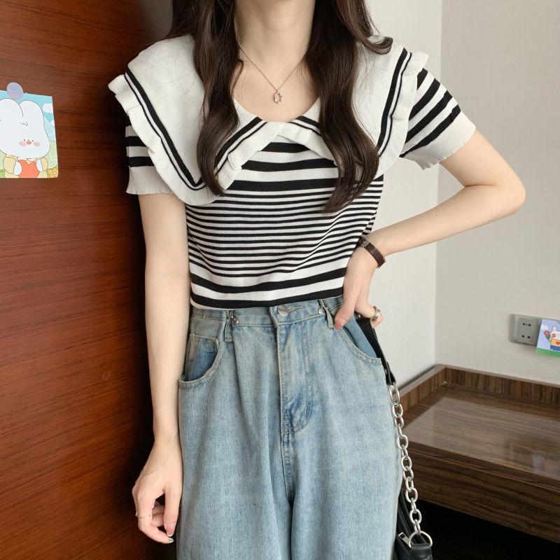 Футболка с короткими рукавами для женщин с дизайнерским смыслом, сладким и пряным кукольным воротником, американскими ретро-полосками, трикотажный топ, замедляющий старение, модный летом L белый
Футболка с короткими рукавами для женщин с дизайнерским смыслом, сладким и пряным кукольным воротником, американскими ретро-полосками, трикотажный топ, замедляющий старение, модный летом L белый