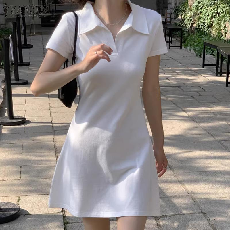 ZANZEA Женские летние однотонные повседневные платья с короткими рукавами и поло 
ZANZEA Женские летние однотонные повседневные платья с короткими рукавами и поло