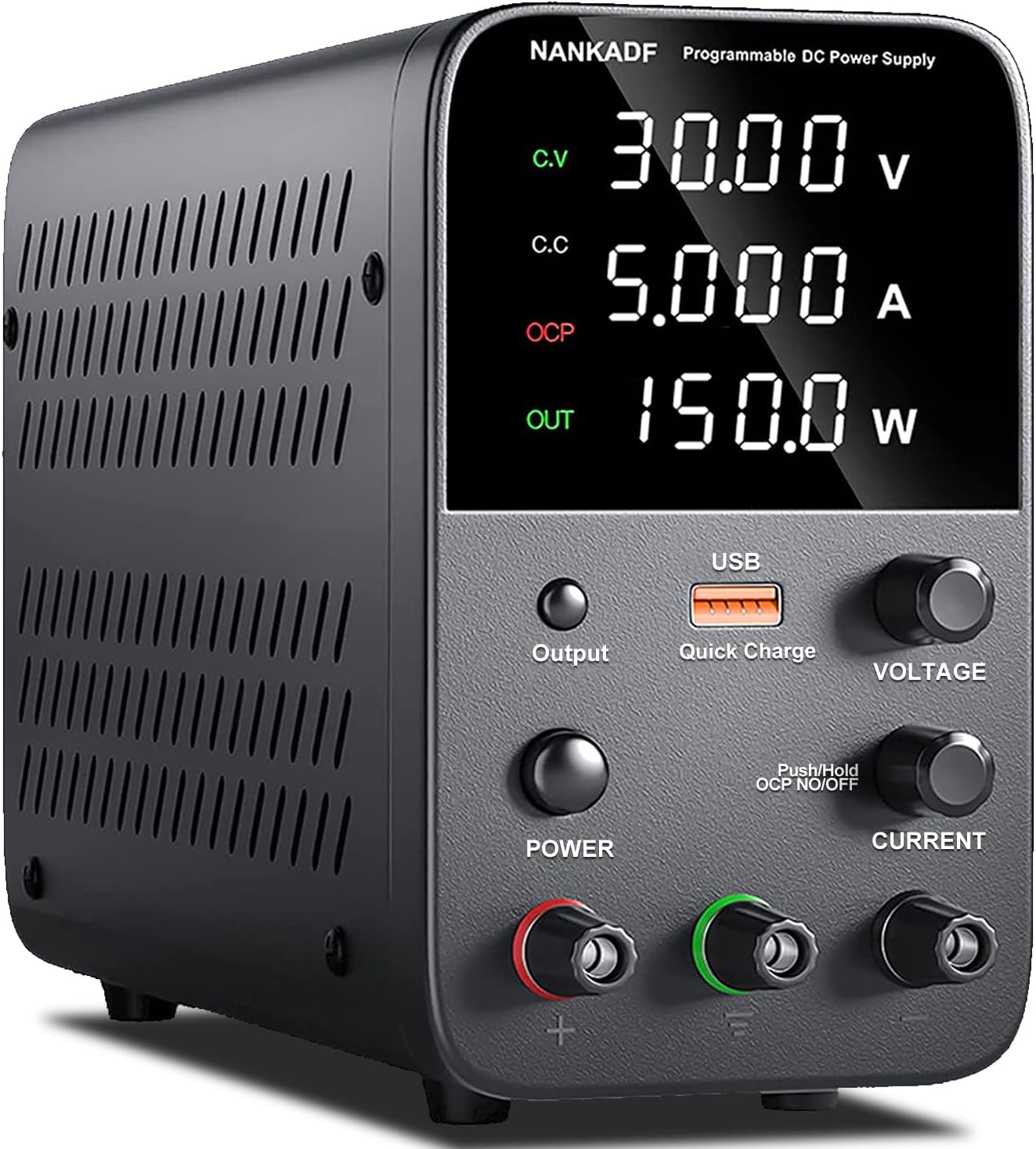 DC Bench Power Supply 30V 5A with Encoder, USB Quick-Charge, Short Circuit Alarm - Black
DC Bench Power Supply 30V 5A with Encoder, USB Quick-Charge, Short Circuit Alarm - Black