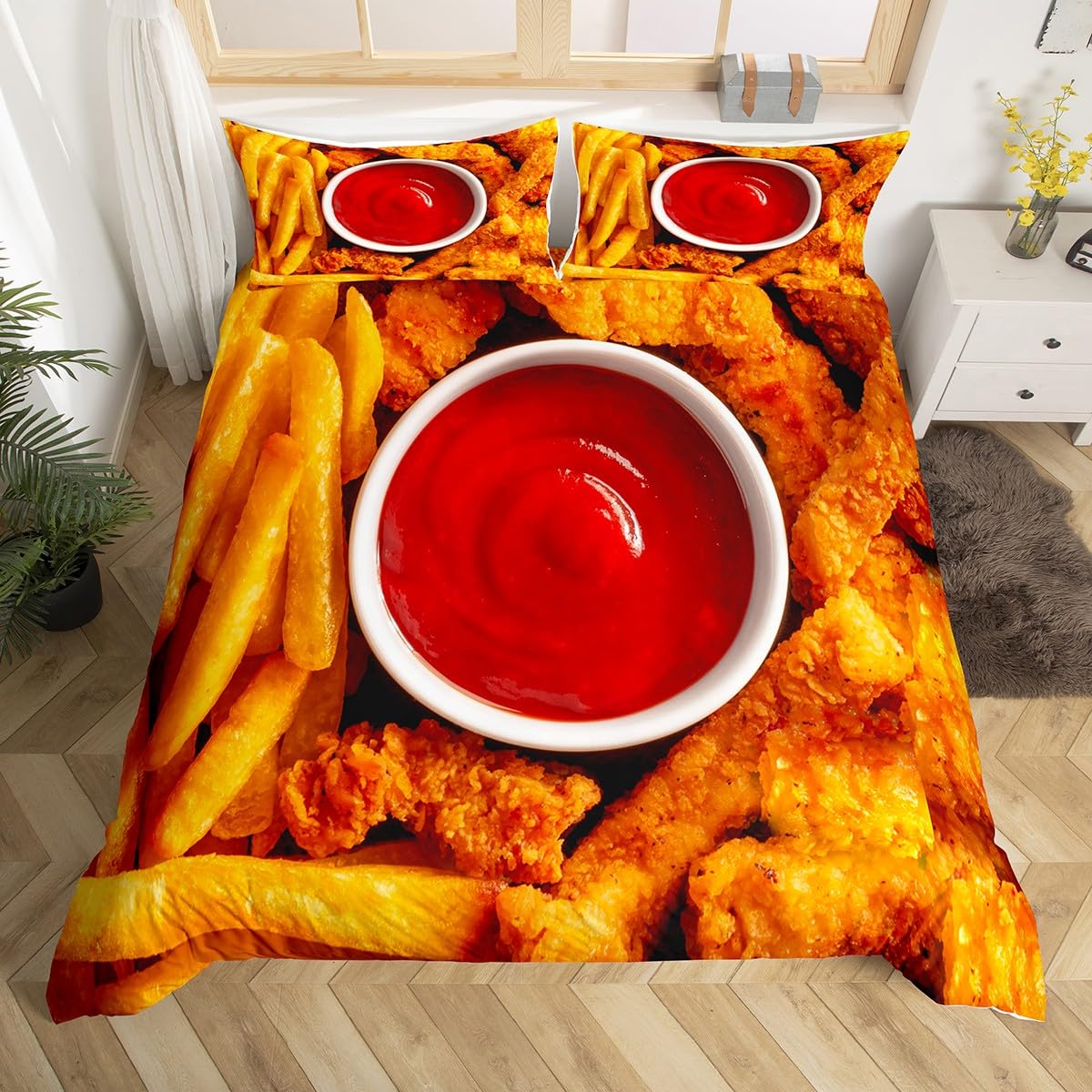Fried Chicken Duvet Cover King Full Chicken Nuggets Print Bedding Set for Kids Snack Comforter Cover Funny Meat Food Quilt Cover EU Single(135x200cm)
Fried Chicken Duvet Cover King Full Chicken Nuggets Print Bedding Set for Kids Snack Comforter Cover Funny Meat Food Quilt Cover EU Single(135x200cm)