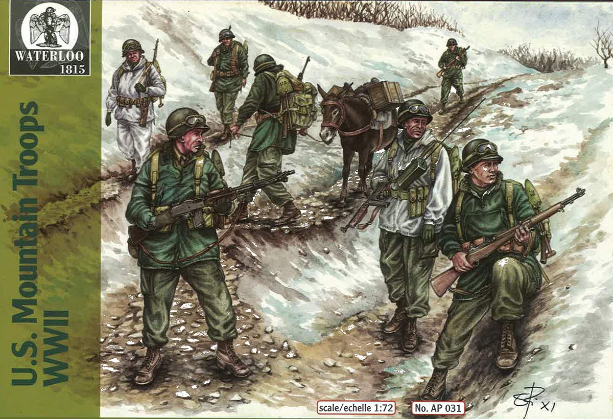 Waterloo 1815 World War II American Mountain Troops 8 poses 24 bodies 3 mules plastic model WA72031 1/72
Waterloo 1815 World War II American Mountain Troops 8 poses 24 bodies 3 mules plastic model WA72031 1/72