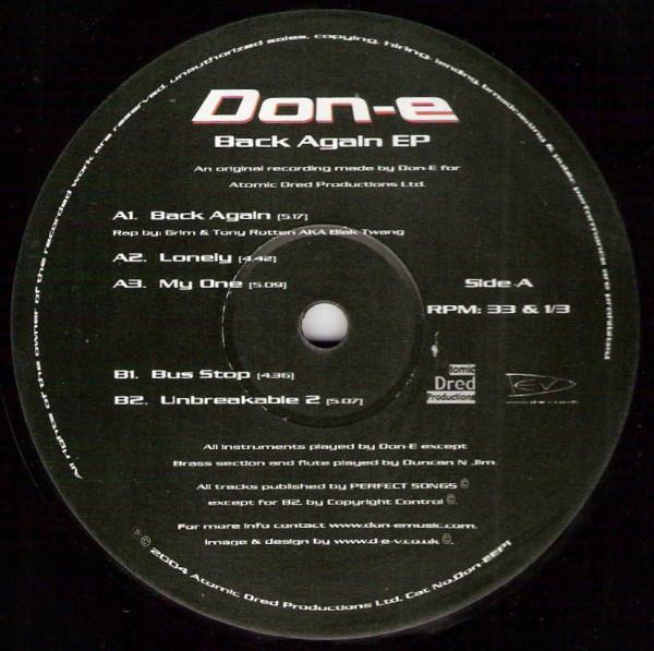 12inch Record DON-E - Back Again EP DONEEP1 Atomic Dred Pro 2004 UK Rap & Hip-Hop/R&B Used
12inch Record DON-E - Back Again EP DONEEP1 Atomic Dred Pro 2004 UK Rap & Hip-Hop/R&B Used