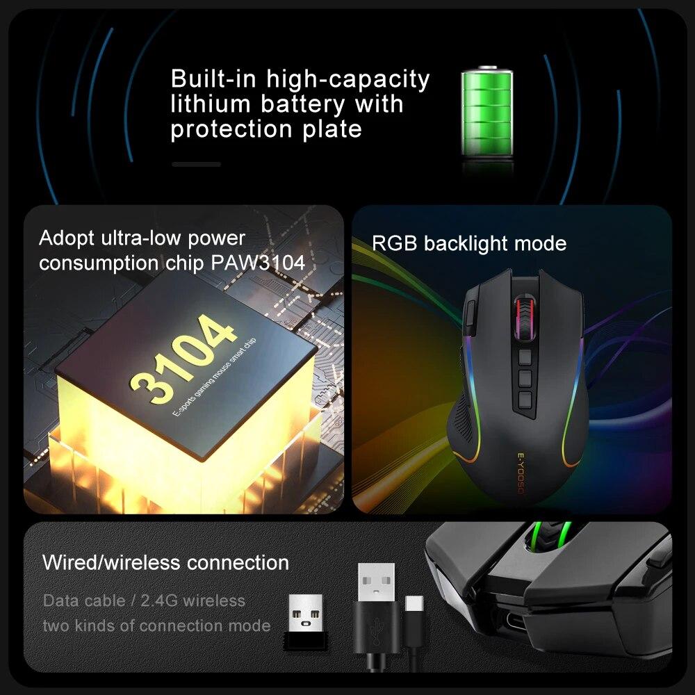 E-YOOSO X-11 RGB USB 2.4G Wireless Gaming Mouse 4000 DPI 9 Buttons Programmable Ergonomic for Gamer Mice Laptop PC Computer
E-YOOSO X-11 RGB USB 2.4G Wireless Gaming Mouse 4000 DPI 9 Buttons Programmable Ergonomic for Gamer Mice Laptop PC Computer