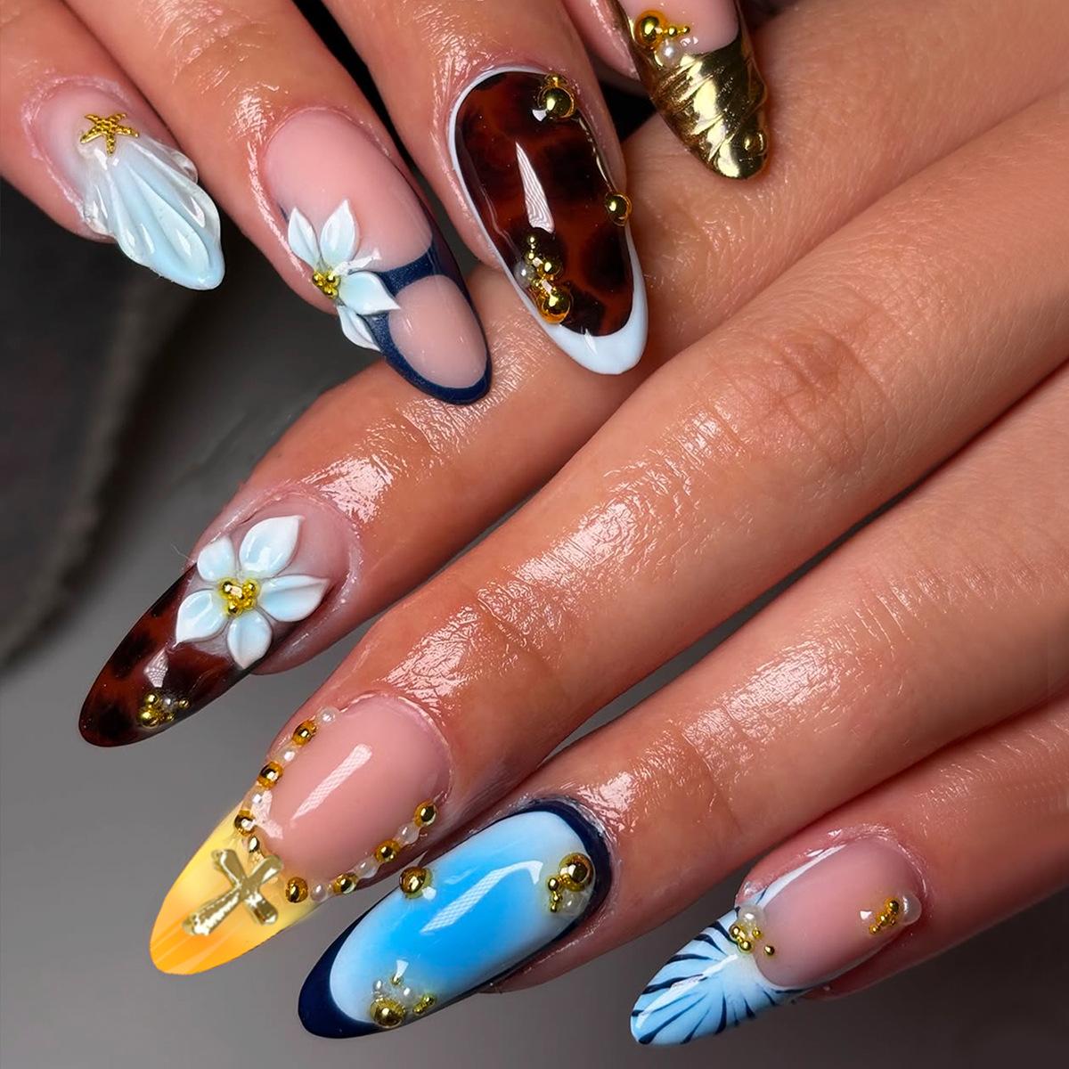 24-piece almond-shaped press-on nails in blue, white, milky white, and coffee color with hand-applied floral embellishments Color FY-01-372Jelly Gel+
24-piece almond-shaped press-on nails in blue, white, milky white, and coffee color with hand-applied floral embellishments Color FY-01-372Jelly Gel+