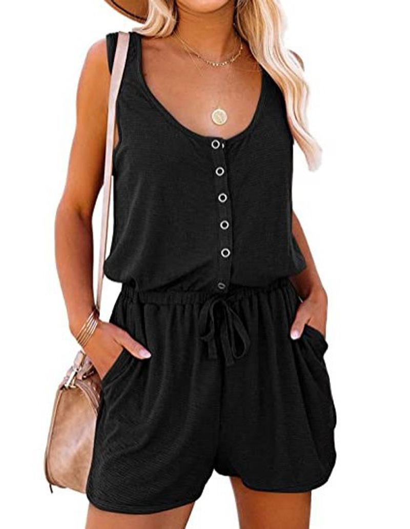 Women s Sleeveless Jumpsuit Shorts with V-Neck, Button Front, Drawstring Waist, and Side Pockets S
Women s Sleeveless Jumpsuit Shorts with V-Neck, Button Front, Drawstring Waist, and Side Pockets S