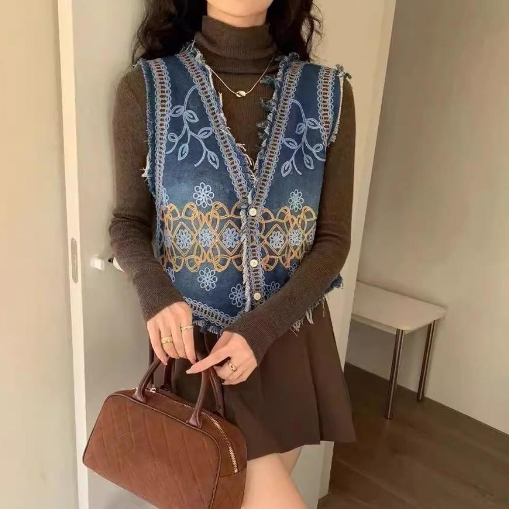 Button-up Floral Embroidery Denim Vest Y2K Short Jacket Coat Cropped Sleeveless Vest Beach коричневий
Button-up Floral Embroidery Denim Vest Y2K Short Jacket Coat Cropped Sleeveless Vest Beach коричневий