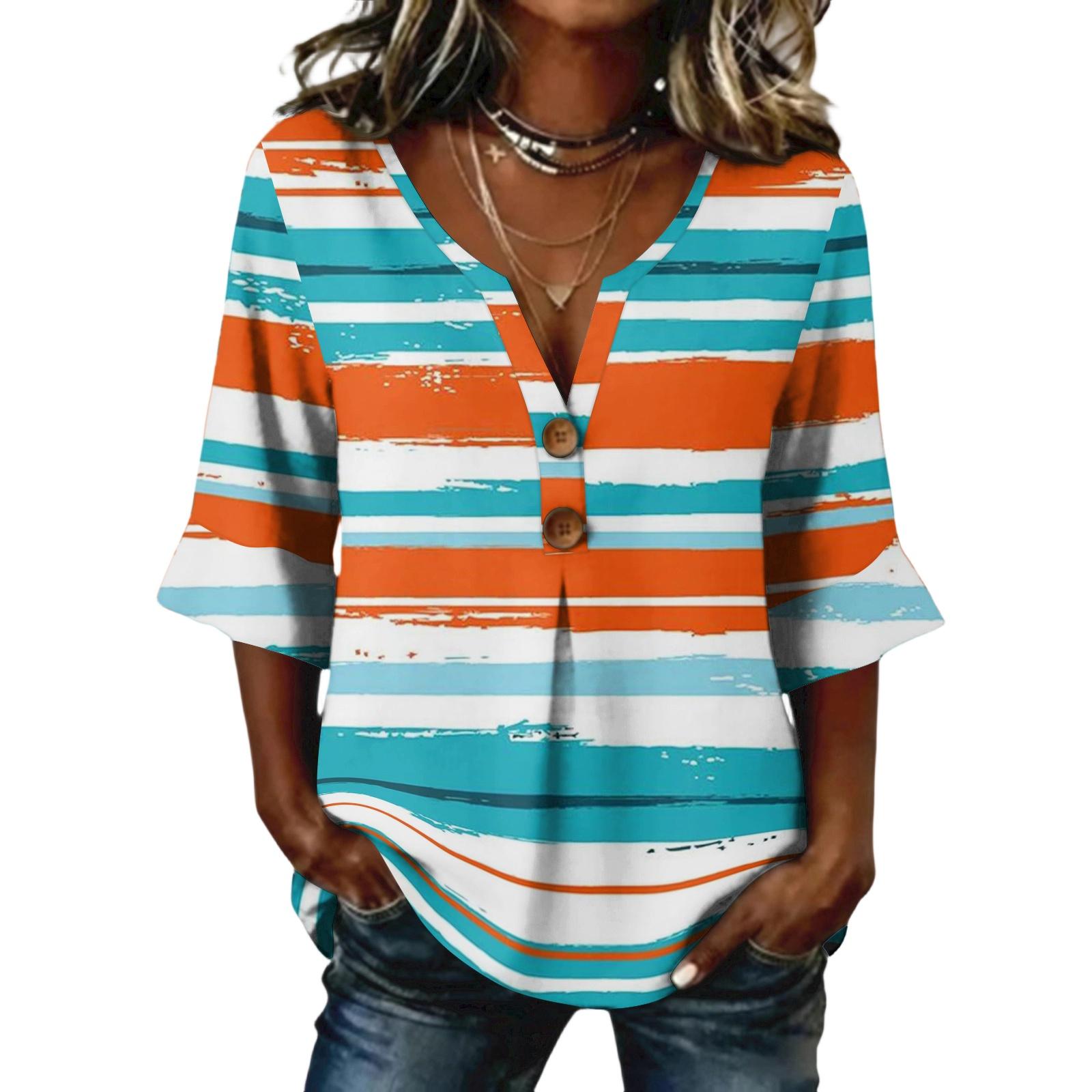 Ladies striped printed button casual V-neck fashionable seven quarter sleeve top XL
Ladies striped printed button casual V-neck fashionable seven quarter sleeve top XL