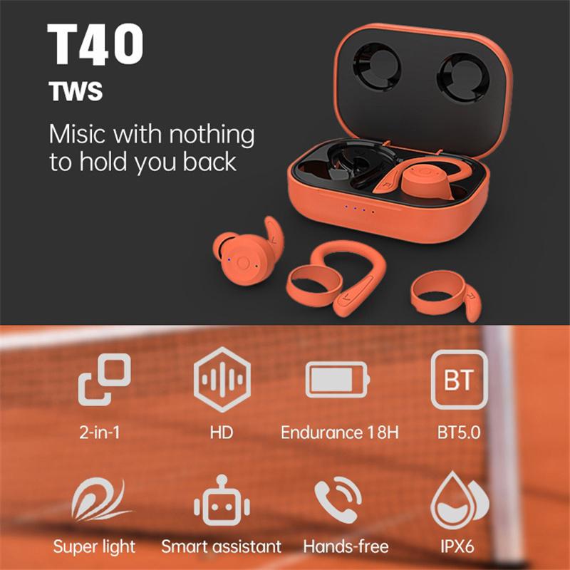 T40 Ear Hook Wireless Earphone IPX6 Waterproof Hands-free Touch Control Bending Sports Earbuds Orange
T40 Ear Hook Wireless Earphone IPX6 Waterproof Hands-free Touch Control Bending Sports Earbuds Orange