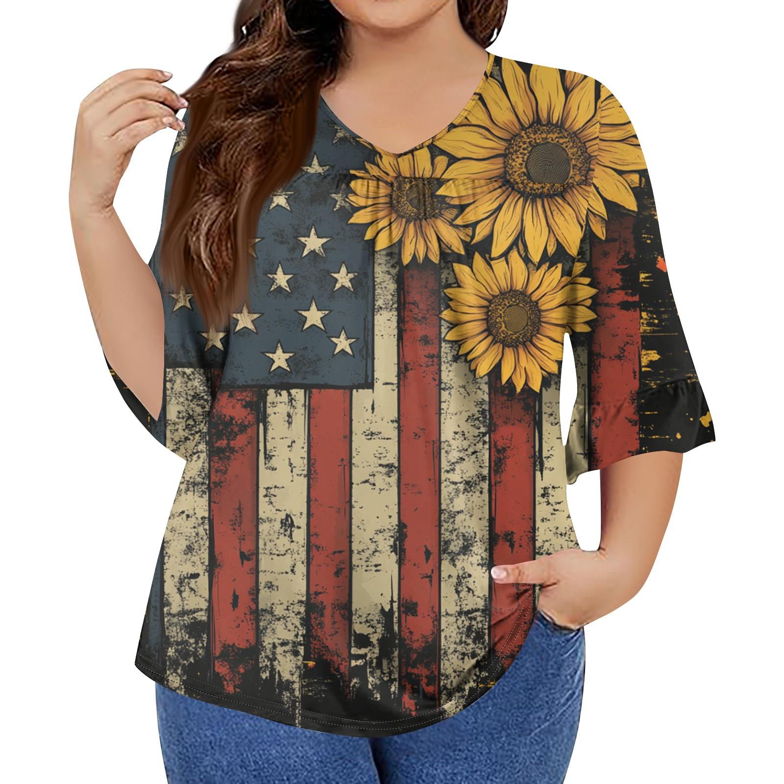 Женская мода повседневная футболка с V-образным вырезом, рукавами-семью, оборками, принтом «День независимости», топы, женские топы больших размеров XXXL
Женская мода повседневная футболка с V-образным вырезом, рукавами-семью, оборками, принтом «День независимости», топы, женские топы больших размеров XXXL