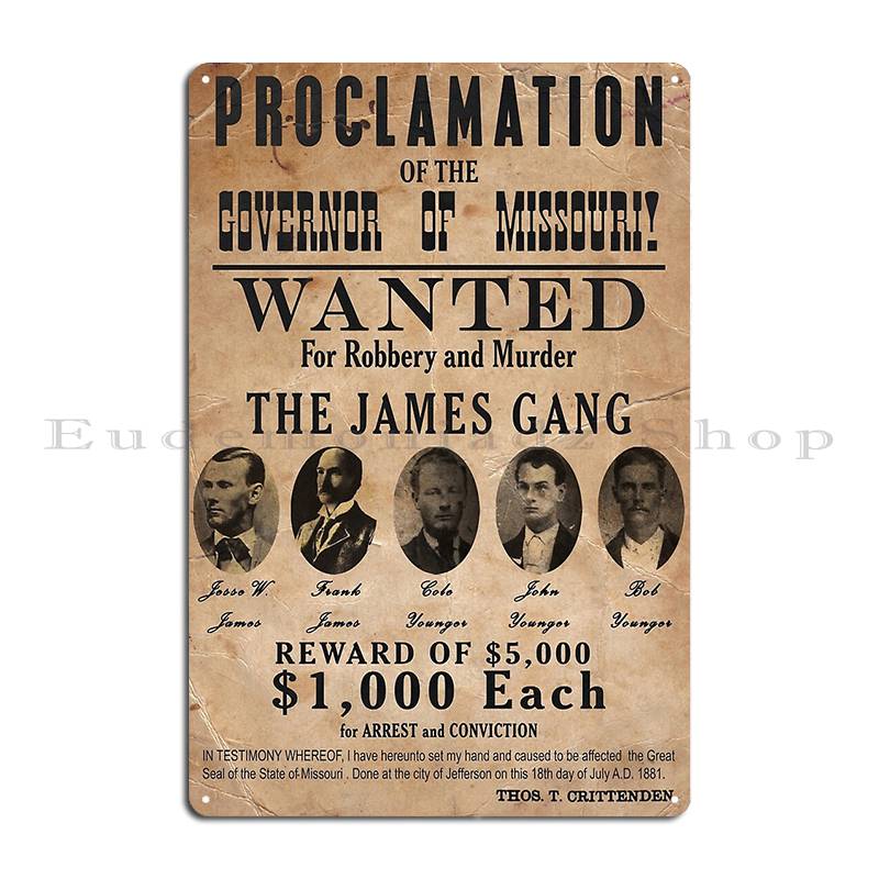 James Gang Wanted Poster Metal Plaque Poster Bar Cave Wall Decor Party Print Garage Tin Sign Poster 20x30cm
James Gang Wanted Poster Metal Plaque Poster Bar Cave Wall Decor Party Print Garage Tin Sign Poster 20x30cm