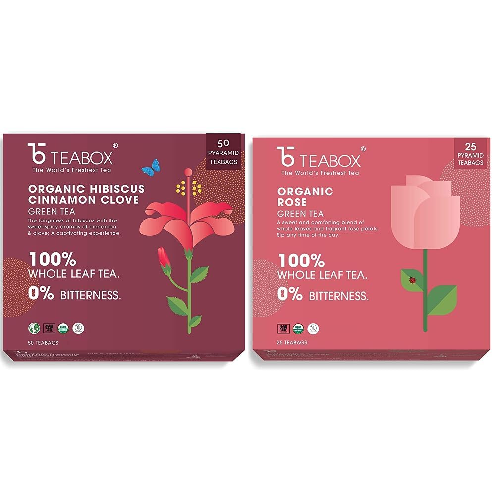 Teabox Green Tea Collection | Hibiscus Cinnamon Clove (50 Bags) & Rose Blend (25 Bags) | Natural Ingredients | Premium Tea Experience
Teabox Green Tea Collection | Hibiscus Cinnamon Clove (50 Bags) & Rose Blend (25 Bags) | Natural Ingredients | Premium Tea Experience