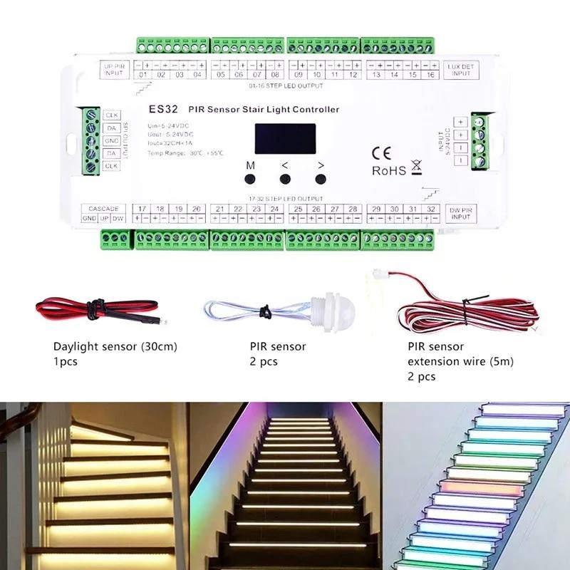 Контроллер лестницы ES32, PIR-датчик, 32 канала, одноцветный, 2 канала, RGB пикселей, SPI, светодиодная лента, диммер, контроллер освещения для внутренней лестницы, 5 В-24 В
Контроллер лестницы ES32, PIR-датчик, 32 канала, одноцветный, 2 канала, RGB пикселей, SPI, светодиодная лента, диммер, контроллер освещения для внутренней лестницы, 5 В-24 В