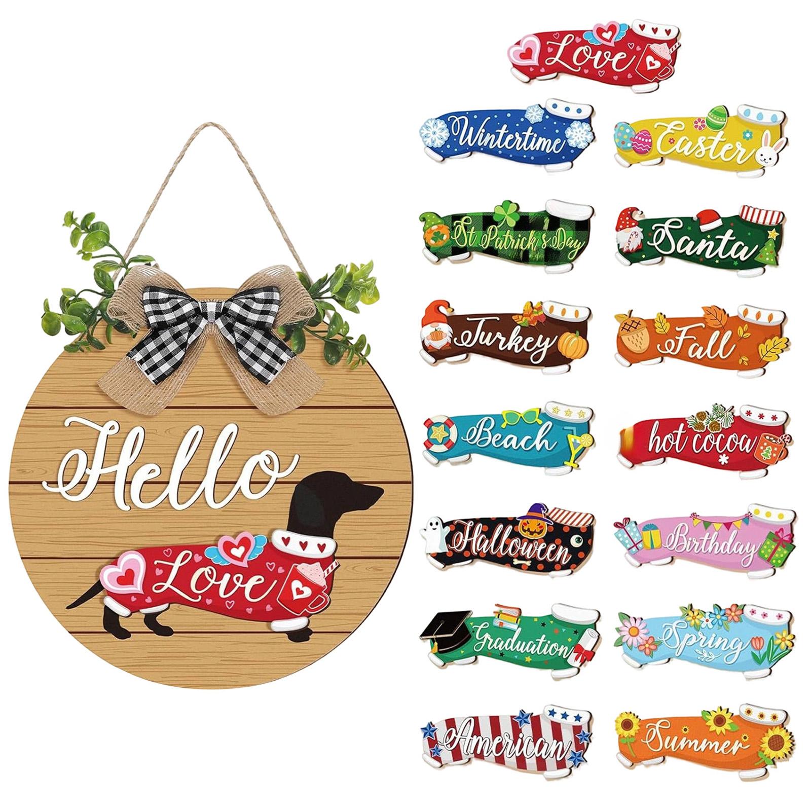 Wooden Hello Sign with Magnetic Dachshund Dog Plaques Interchangeable Seasonal and Holiday Decorations for Door Wall Hanging
Wooden Hello Sign with Magnetic Dachshund Dog Plaques Interchangeable Seasonal and Holiday Decorations for Door Wall Hanging