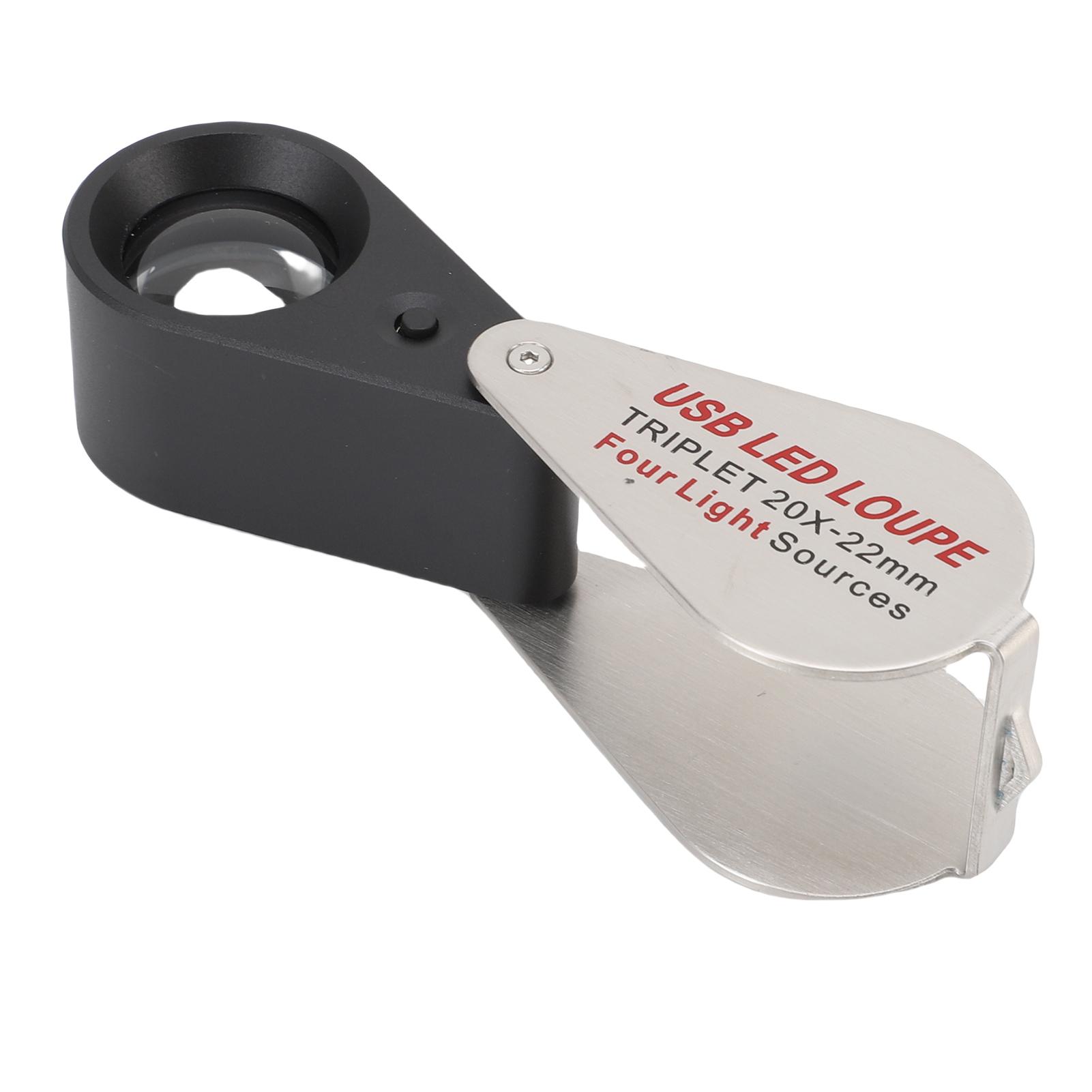 Jewelers Loupe Set 20X Magnifier Portable Foldable Rechargeable 4 Light Sources 13 LED Lights
Jewelers Loupe Set 20X Magnifier Portable Foldable Rechargeable 4 Light Sources 13 LED Lights