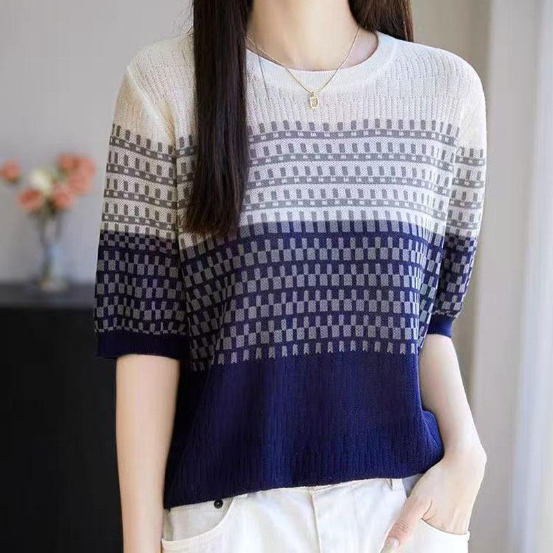 Round-neck T-shirt Knitted Summer Women s Fashion Gradient Striped Short-sleeved Shoulder Pullover Top M синій
Round-neck T-shirt Knitted Summer Women s Fashion Gradient Striped Short-sleeved Shoulder Pullover Top M синій