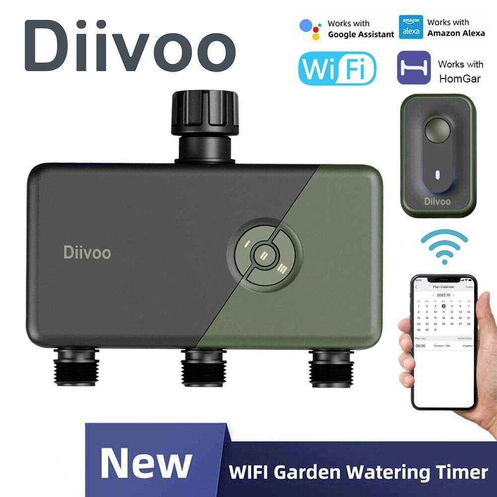Diivoo внутренний/наружный спринклерный таймер, 3 зоны, контроллер полива Wi-Fi, 3 розетки
Diivoo внутренний/наружный спринклерный таймер, 3 зоны, контроллер полива Wi-Fi, 3 розетки