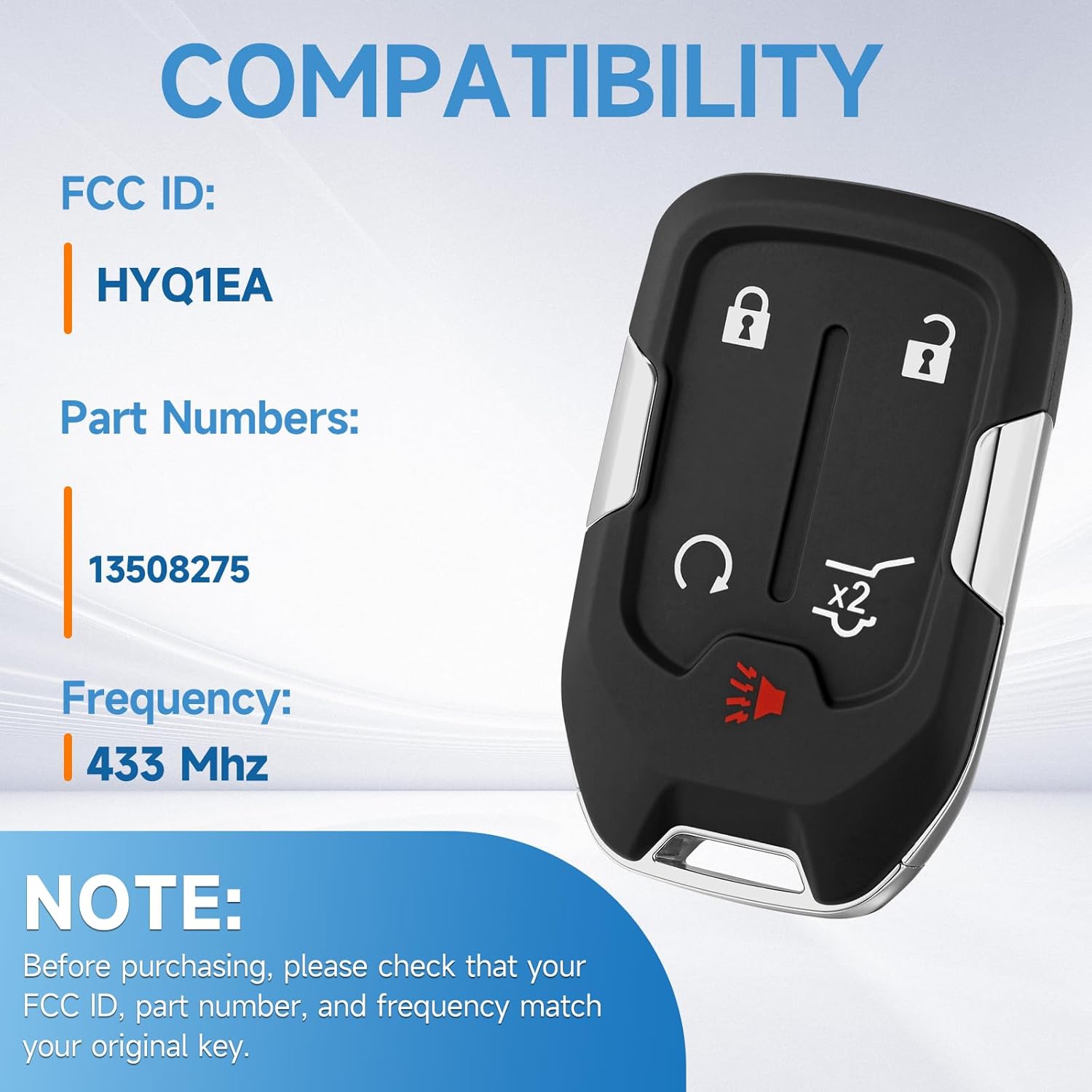 Key Fob Replacement Fits for GMC Acadia 2017 2018 2019 2020 2021 Smart Proximity Keyless Entry Remote Control 433 Mhz FCC:HYQ1EA P/N:13508275
Key Fob Replacement Fits for GMC Acadia 2017 2018 2019 2020 2021 Smart Proximity Keyless Entry Remote Control 433 Mhz FCC:HYQ1EA P/N:13508275