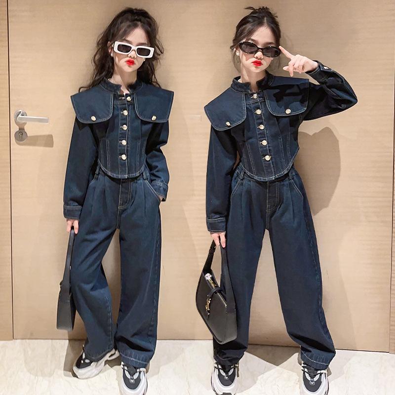 Детская одежда 5-14 лет, детская весенняя одежда, костюм, пальто для девочек-подростков, кардиган, джинсы, комплект из двух предметов из денима с большими лацканами 170 синий 
Детская одежда 5-14 лет, детская весенняя одежда, костюм, пальто для девочек-подростков, кардиган, джинсы, комплект из двух предметов из денима с большими лацканами 170 синий