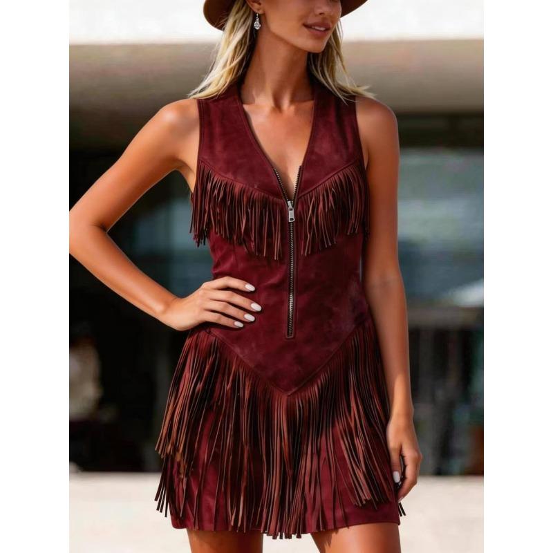 New retro western style fringed suede sleeveless slim zipper dress women XXL бордовий
New retro western style fringed suede sleeveless slim zipper dress women XXL бордовий