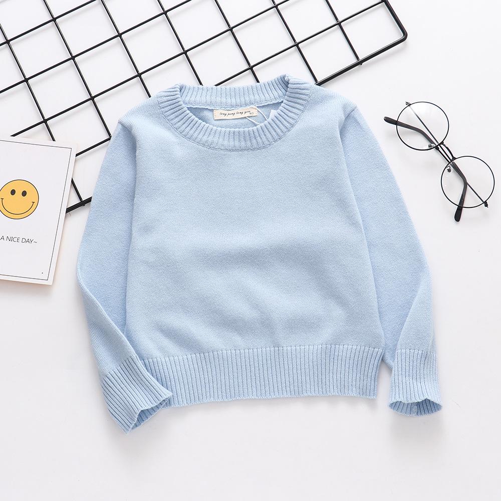Осень 2024 года, повседневная одежда для мальчиков и девочек, трикотаж, майка, свитер с длинным рукавом и круглым вырезом, пуловеры для детей, хлопок, 2-7 лет, топы, одежда для младенцев 120cm светло-синий