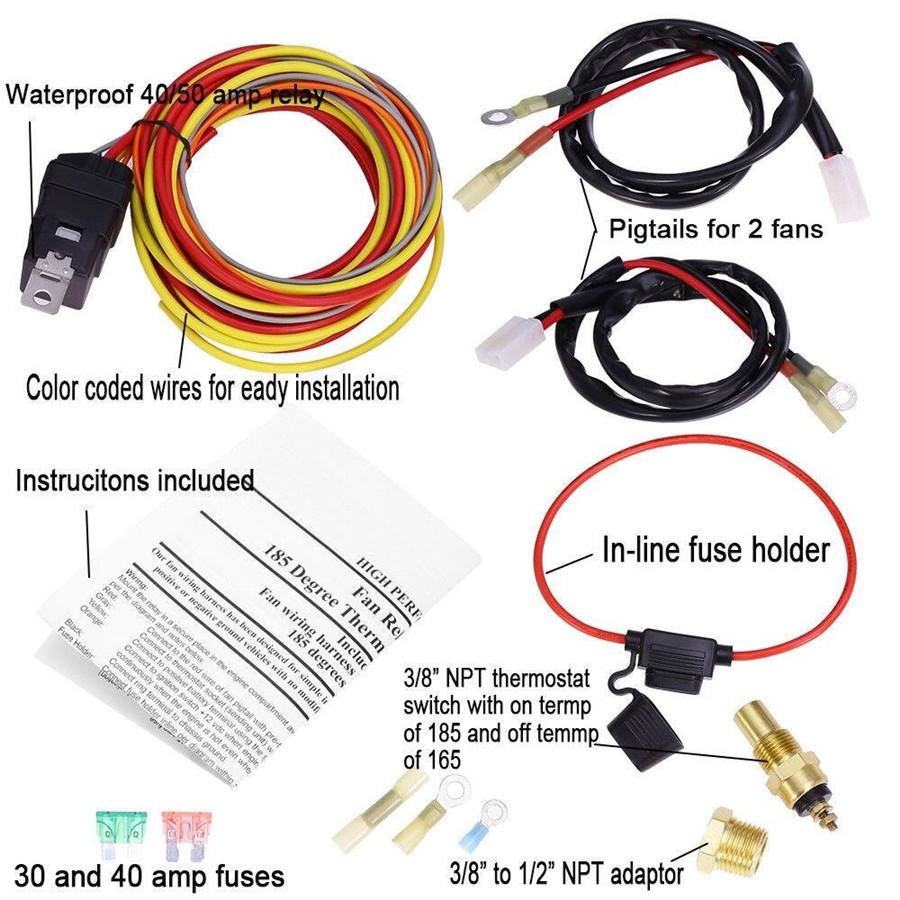 Universal DUAL ELECTRIC COOLING FAN WIRING HARNESS INSTALL KIT 185/165 HERMOSTAT 40A RELAY
Universal DUAL ELECTRIC COOLING FAN WIRING HARNESS INSTALL KIT 185/165 HERMOSTAT 40A RELAY