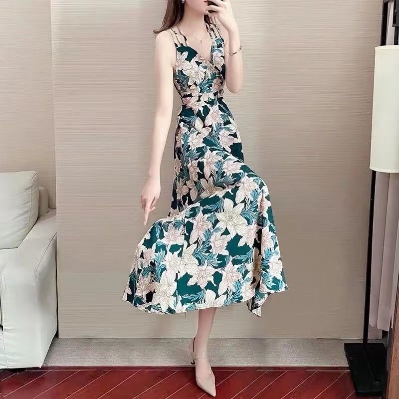 WTEMPO летнее женское платье большого размера, тонкое и тонкое платье с цветочным принтом, темпераментное пляжное платье с присборенной талией, свободное платье с цветочным принтом 5XL зелёный