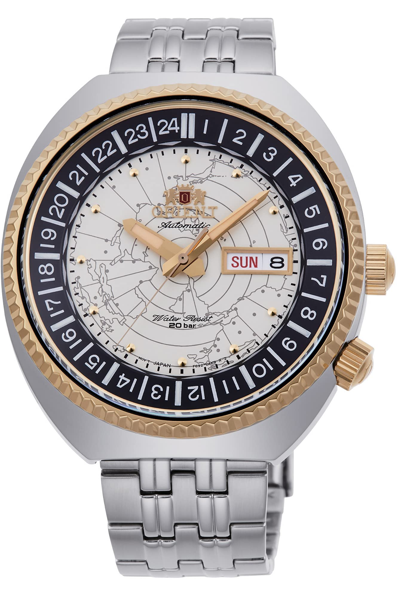 Orient Revival 1969 World Map Automatic 200m Two Tone Gold Ivory Dial Watch RA-AA0E01S, Beige, Retro Sport, Beige, Retro Sport.
Orient Revival 1969 World Map Automatic 200m Two Tone Gold Ivory Dial Watch RA-AA0E01S, Beige, Retro Sport, Beige, Retro Sport.