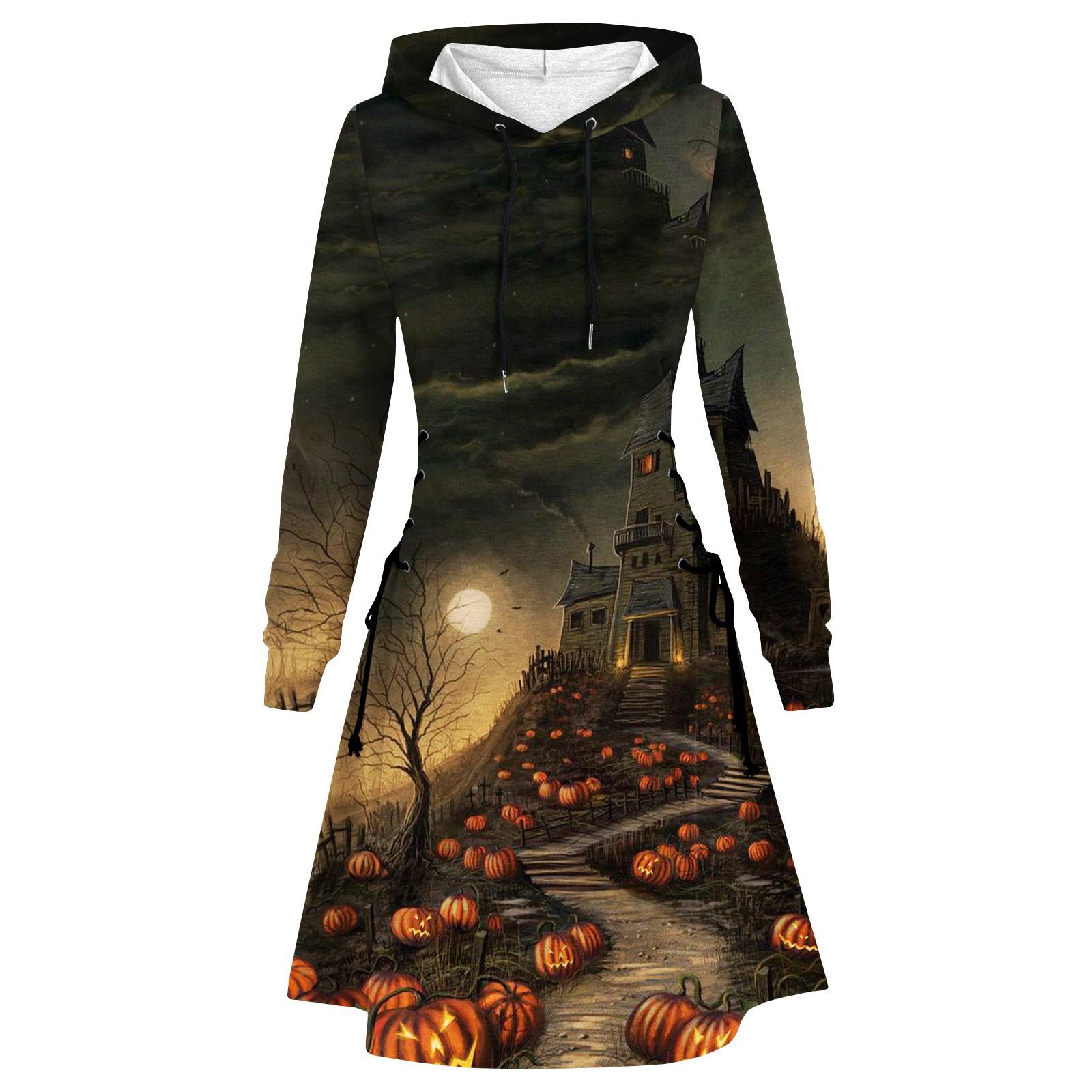 Женское платье на Хэллоуин, повседневное женское осеннее платье с длинным рукавом, платье с капюшоном и шнурком XXL серый